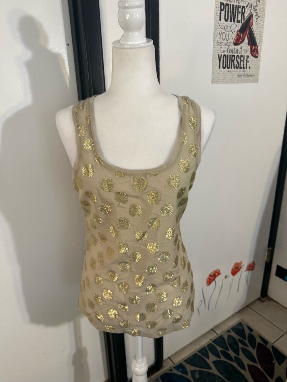 The Limited Beige Tank Top with Gold Metallic Polka Dot/medallions